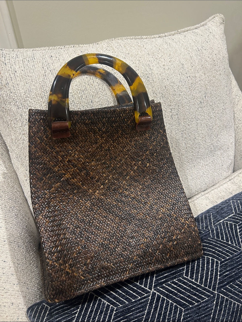 ASIAPHILE Los Angeles Woven Brown Tote with Tortoiseshell Handles - Women Bags-